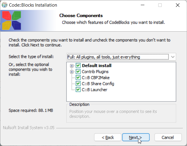 Setting Up Code::Blocks IDE for C Programming: Step 6: Select the type of installing and choose features